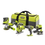 RYOBI - Combo 4 outils : Perceuse + scie sauteuse pendulaire + meuleuse d'angle 115 mm + ponceuse + 1 batterie 2 0 Ah + 1 batterie 5 0 Ah + 1 chargeur rapide R18CK4B-252S