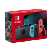 Nintendo Switch avec un Joy-Con rouge neon et un Joy-Con bleu neon