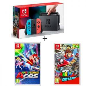 Image : Pack Nintendo Switch Neon + Super Mario Odyssey + Mario Tennis Aces