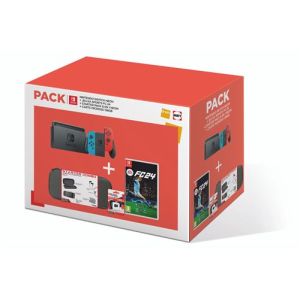Image : Pack Console Nintendo Switch Rouge et Bleu Neon + Jeu EA Sports FC 24 + Starter Pack 6 en 1 Neon + Carte microSD 128 Go