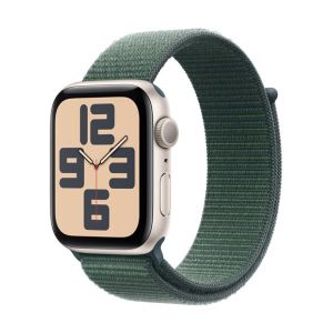 Image : Apple Watch SE GPS 44 mm Aluminium Lumiere Stellaire avec Boucle Sport Vert lacustre - MXEW3QF/A