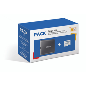 Image : Pack SSD externe T7 2 To Gris + carte microSD Samsung Evo 64 Go