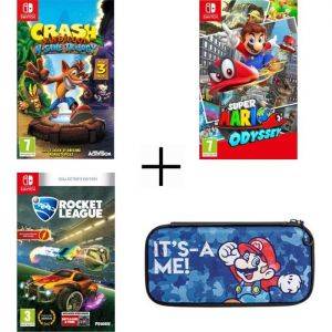Image : Pack 3 jeux Nintendo Switch : Crash Bandicoot N. Sane Trilogy + Rocket League + Super Mario Odyssey + Housse