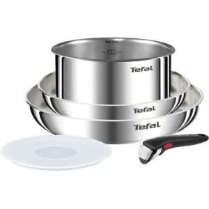 Tefal Ingenio Emotion, Batterie de cuisine 8 pièces L8968S04 Acier inoxydable non revêtu Poêles 22/24/26 cm + Casserole 16/18 cm + 2 Couvercles hermétiques 16/18 cm + 1 poignée Matières : Acier