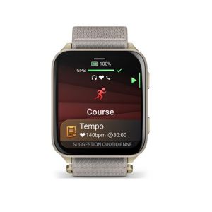 Image : Garmin Venu X1 46 mm Bluetooth Titane Soft Gold avec bracelet nylon ComfortFit Lin - Montre connectée