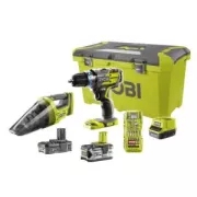 RYOBI One+ Perceuse Visseuse a percussion Brushless+ aspirateur+ 55 accessoires - R18PDBL-252VTA55