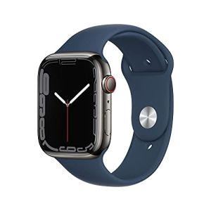 Image : Apple Watch Series 7 (GPS + Cellular) Boitier en Acier Inoxydable Graphite de 45 mm Bracelet Sport Bleu Abysse