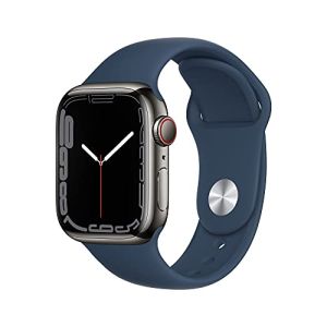 Image : Apple Watch Series 7 (GPS + Cellular) Boitier en Acier Inoxydable Graphite de 41 mm Bracelet Sport Bleu Abysse