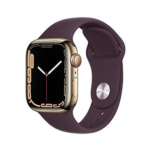 Image : Apple Watch Series 7 (GPS + Cellular) Boitier en Acier Inoxydable Or de 41 mm Bracelet Sport Cerise Noire