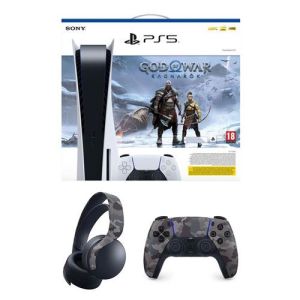 Image : Pack console Sony PS5 standard God of War Ragnarok + Casque Pulse Gris + Manette DualSense Gris