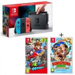 Image : Pack Nintendo Switch Neon + Super Mario Odyssey + Donkey Kong Tropical Freeze