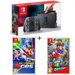 Image : Pack Nintendo Switch Grise + Super Mario Odyssey + Mario Tennis Aces