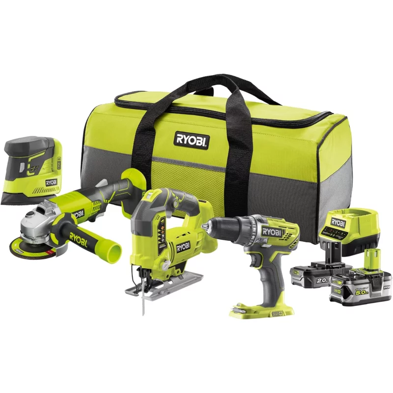 Image : RYOBI - Combo 4 outils : Perceuse + scie sauteuse pendulaire + meuleuse d'angle 115 mm + ponceuse + 1 batterie 2 0 Ah + 1 batterie 5 0 Ah + 1 chargeur rapide R18CK4B-252S