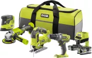 RYOBI - Combo 4 outils : Perceuse + scie sauteuse pendulaire + meuleuse d'angle 115 mm + ponceuse + 1 batterie 2 0 Ah + 1 batterie 5 0 Ah + 1 chargeur rapide R18CK4B-252S