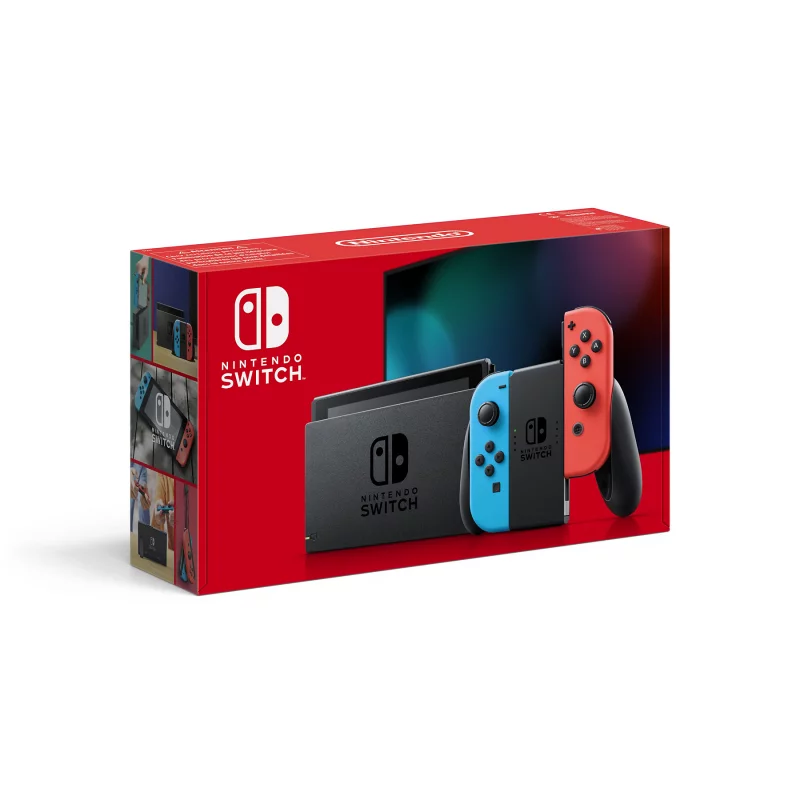 Image : Nintendo Switch avec un Joy-Con rouge neon et un Joy-Con bleu neon