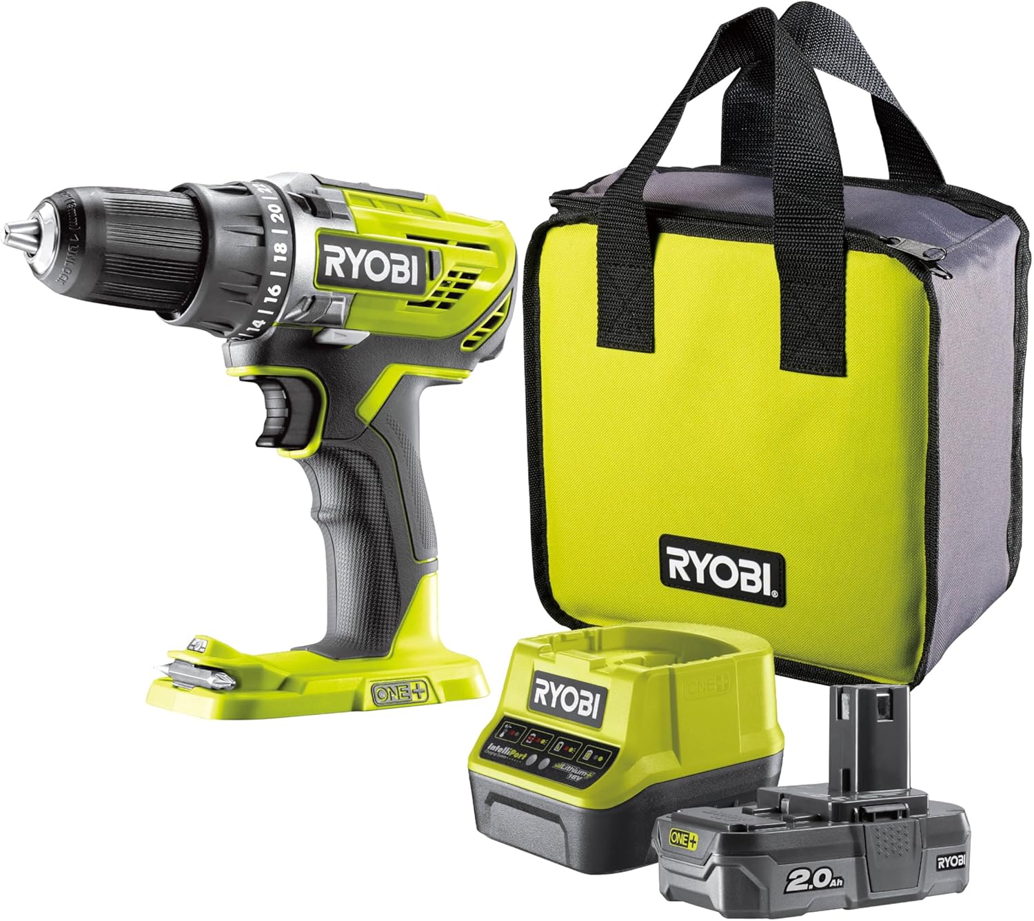 Image : RYOBI R18DD3-120S Perceuse-visseuse sans fil 18V 50Nm Mandrin 13mm + 1 batterie 2 0Ah + chargeur rapide 2 0Ah + sac de transport