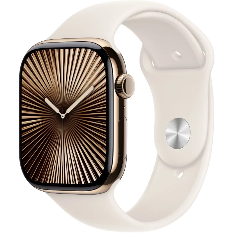 Image : Apple Watch Series 10 GPS + Cellular 46mm Or avec Bracelet Sport Lumiere Stellaire M/L - MWYY3QF/A