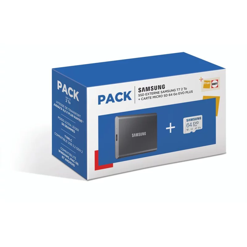 Image : Pack SSD externe T7 2 To Gris + carte microSD Samsung Evo 64 Go