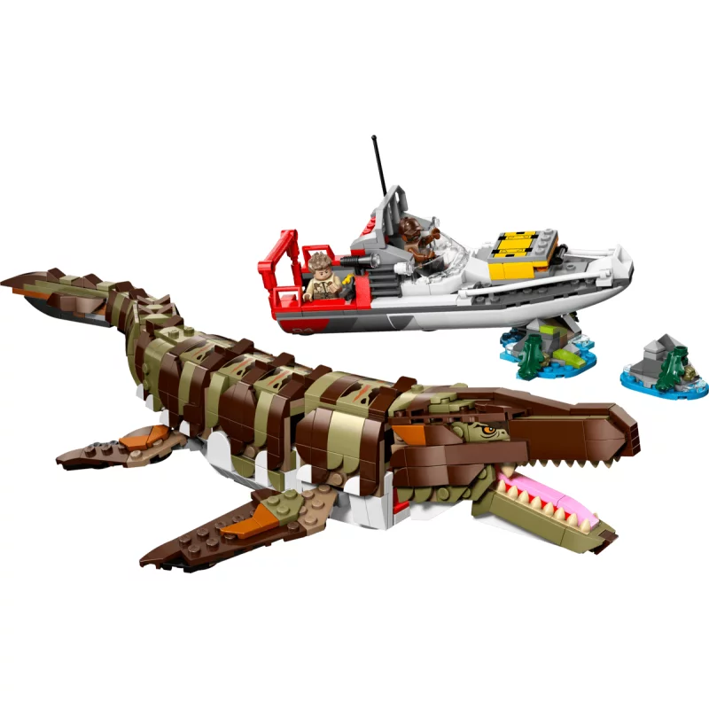 Image : LEGO 76974 Le bateau en mission et le mosasaure en briques Jurassic World