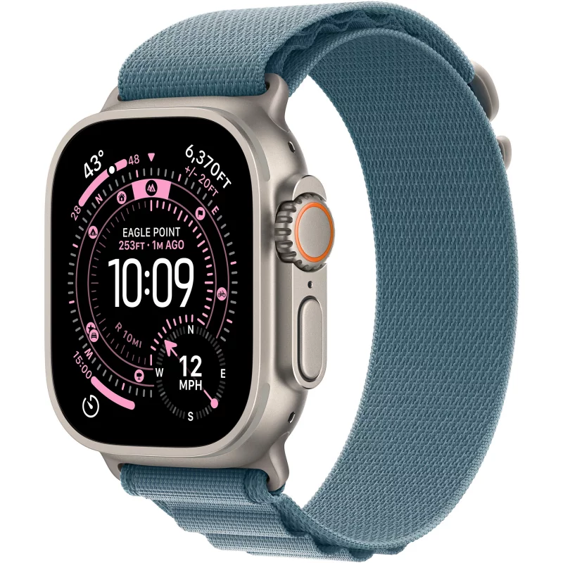Image : Apple Watch Ultra 3 GPS + Cellular 49mm Titane Naturel / Alpine bleu clair Small - MEWK4QF/A