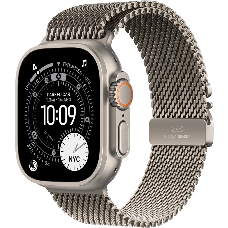 Image : Apple Watch Ultra 3 GPS + Cellular 49mm Titane Naturel / Milanais en titane naturel Large - MF0E4QF/A
