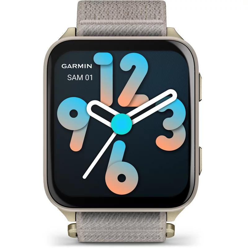 Image : Garmin Venu X1 46 mm Bluetooth Titane Soft Gold avec bracelet nylon ComfortFit Lin - Montre connectée