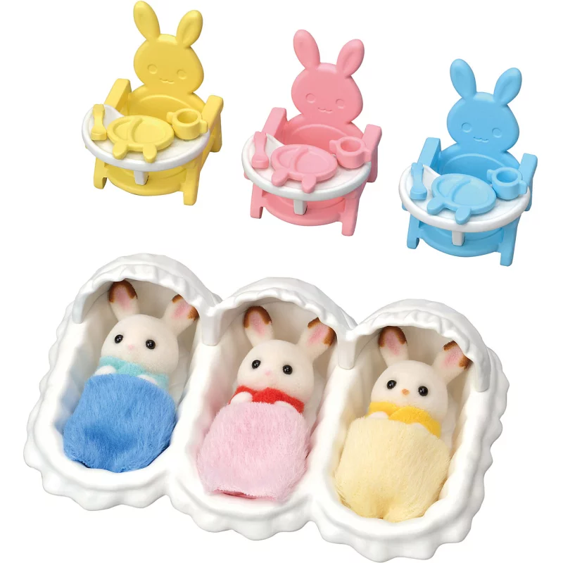 Image : Les triples lapin chocolat et accessoires puericulture Sylvanian Families 5532