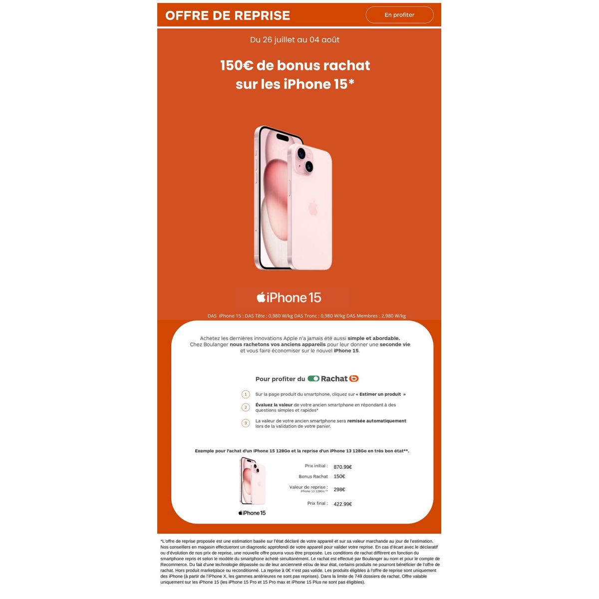 Promo Boulanger sur l'iPhone 15 d'Apple : 150€ de bonus de reprise