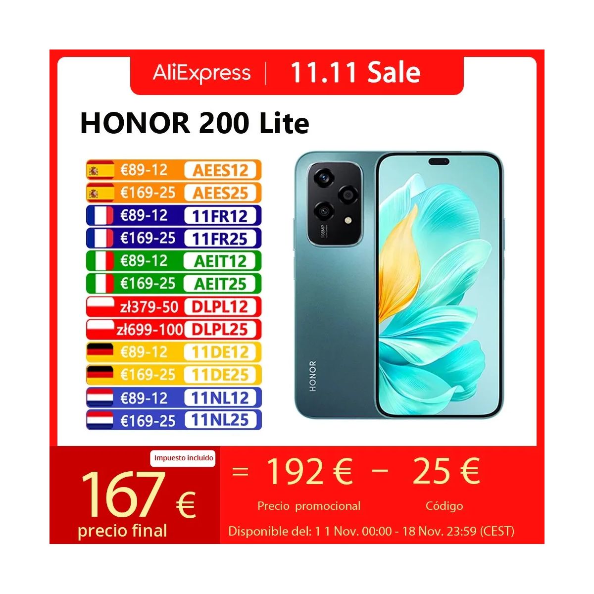 Honor 200 Lite 5G 256 Go a 166,88€ seulement chez AliExpress avec cette promo