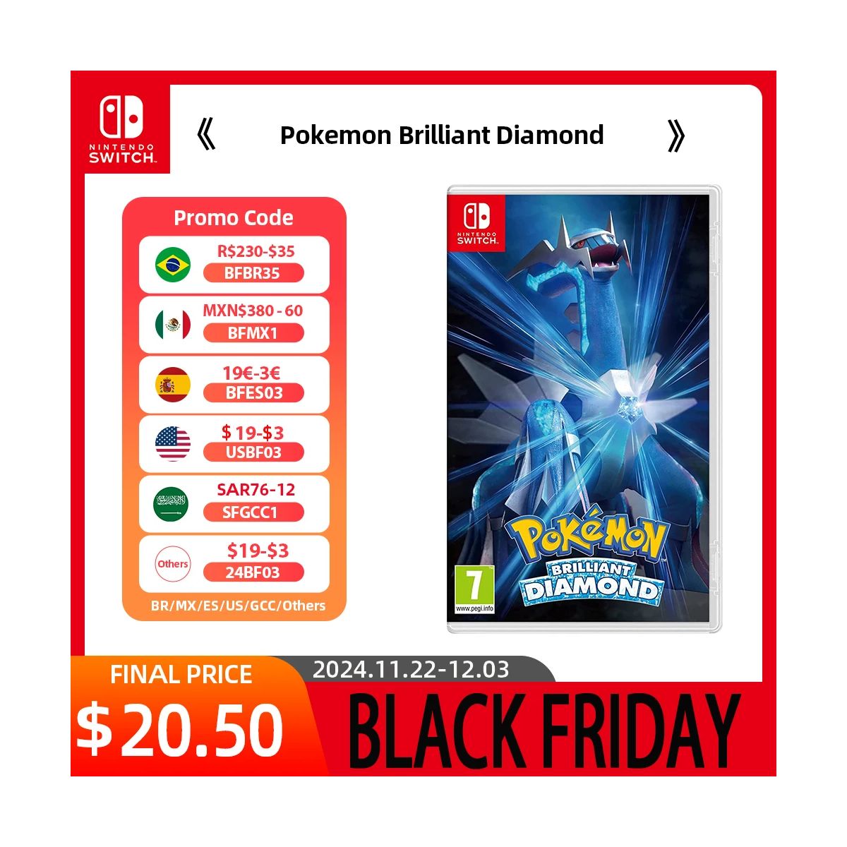 Pokémon Diamant Etincelant sur Switch a 27,59€ chez AliExpress