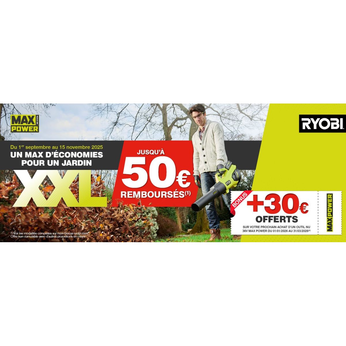 Ryobi AUTOMNE 2025 : 30€ remboursés sur Taille-haies et Souffleurs 36V