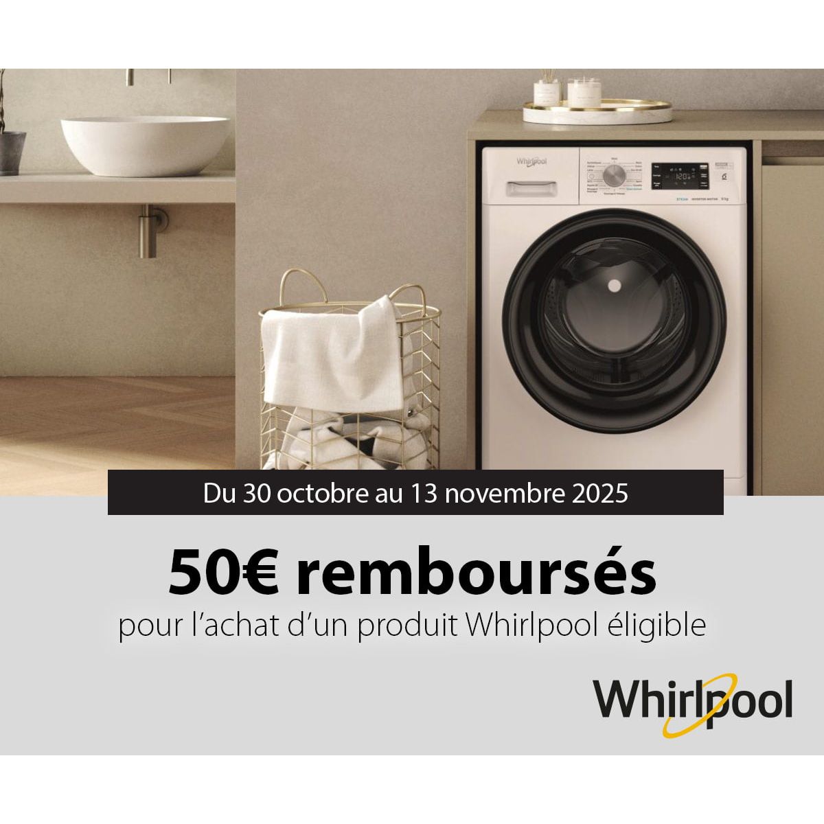 50€ remboursés sur les machines Whirlpool FFBB9489BVFR et FFBP9489BVFR en 2025